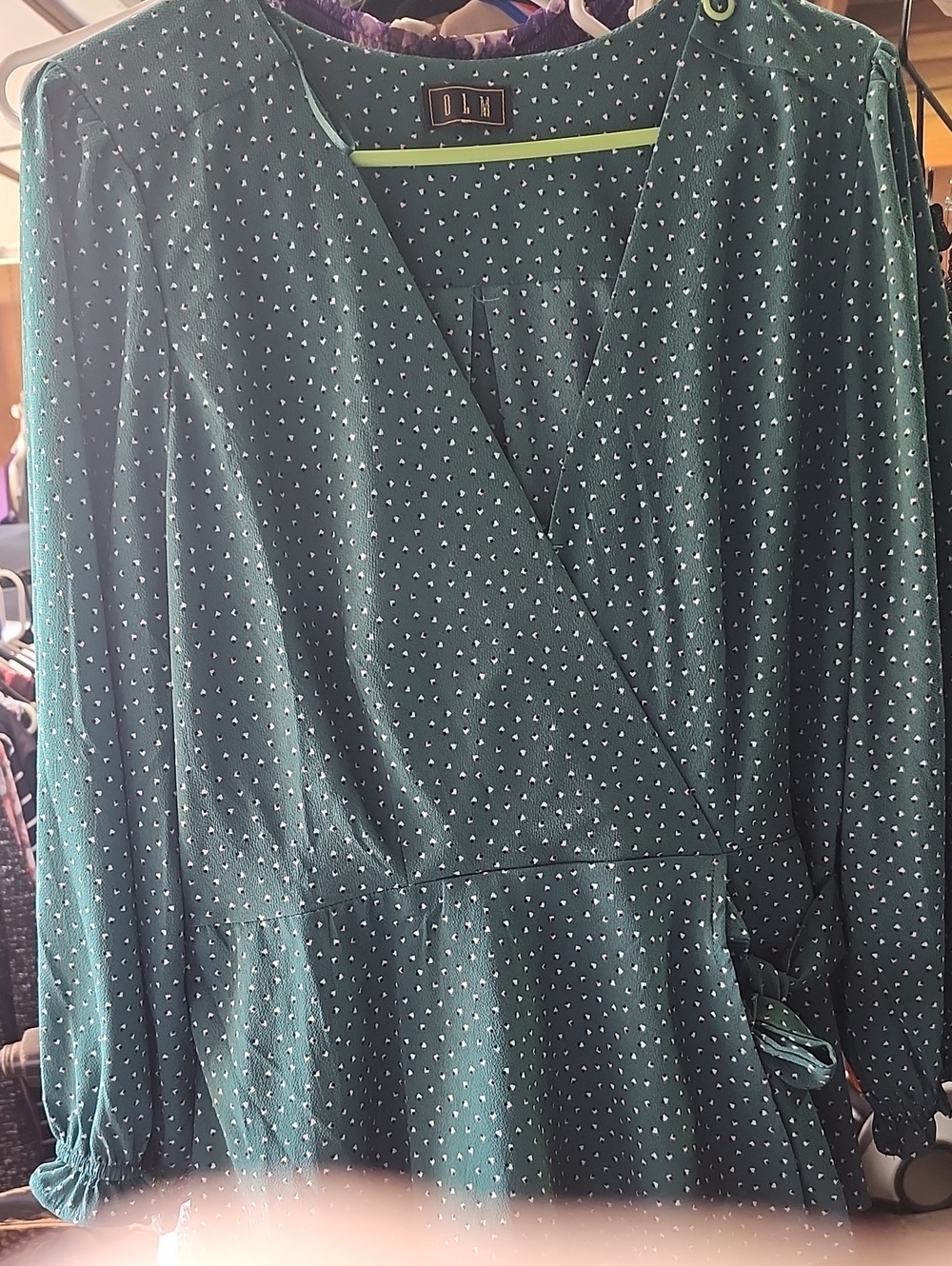 OLMI Teal Green Wrap Blouse with Tiny White Dot Print